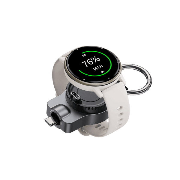 Garmin watch charging with compact USB-C keychain charger shown in left front 45 degree angle using SwanScout 510GM