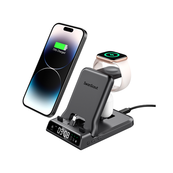 SwanScout 701A wired fast charger for Apple devices with built-in clock, compact and sleek charging accessory.