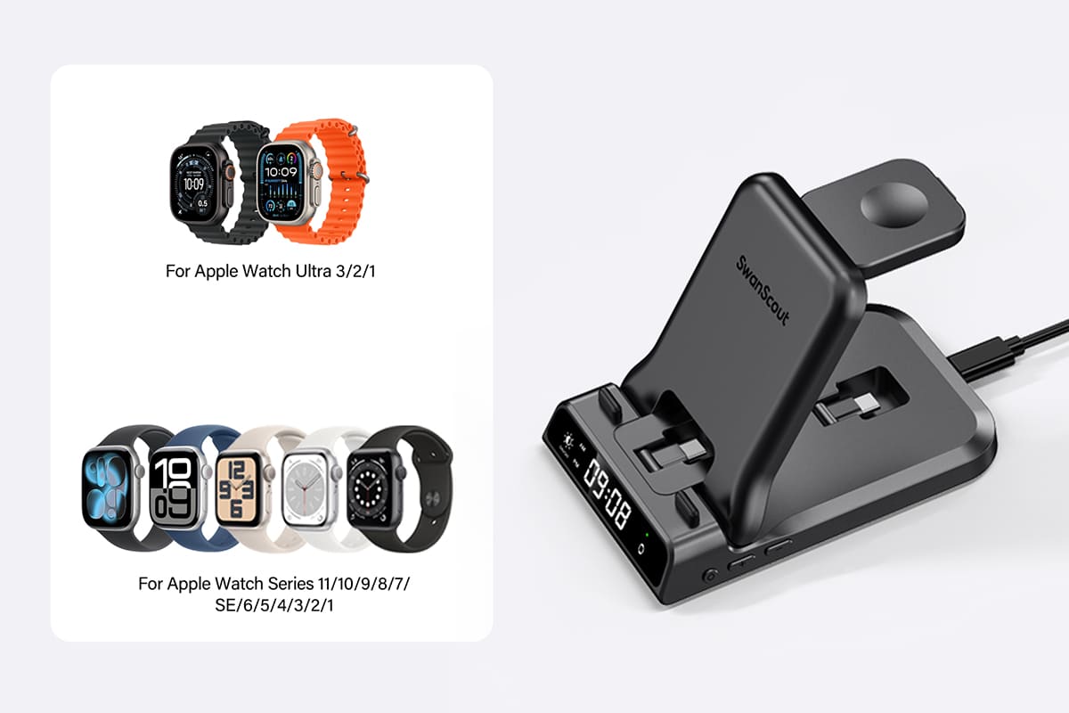 3.3W Apple Watch charging with broad compatibility across Apple Watch models on the SwanScout 701AC