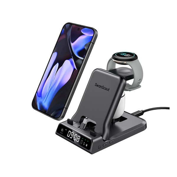 SwanScout 701G wired fast charger for Pixel Watch 1 with clock display, compact and efficient charging accessory.