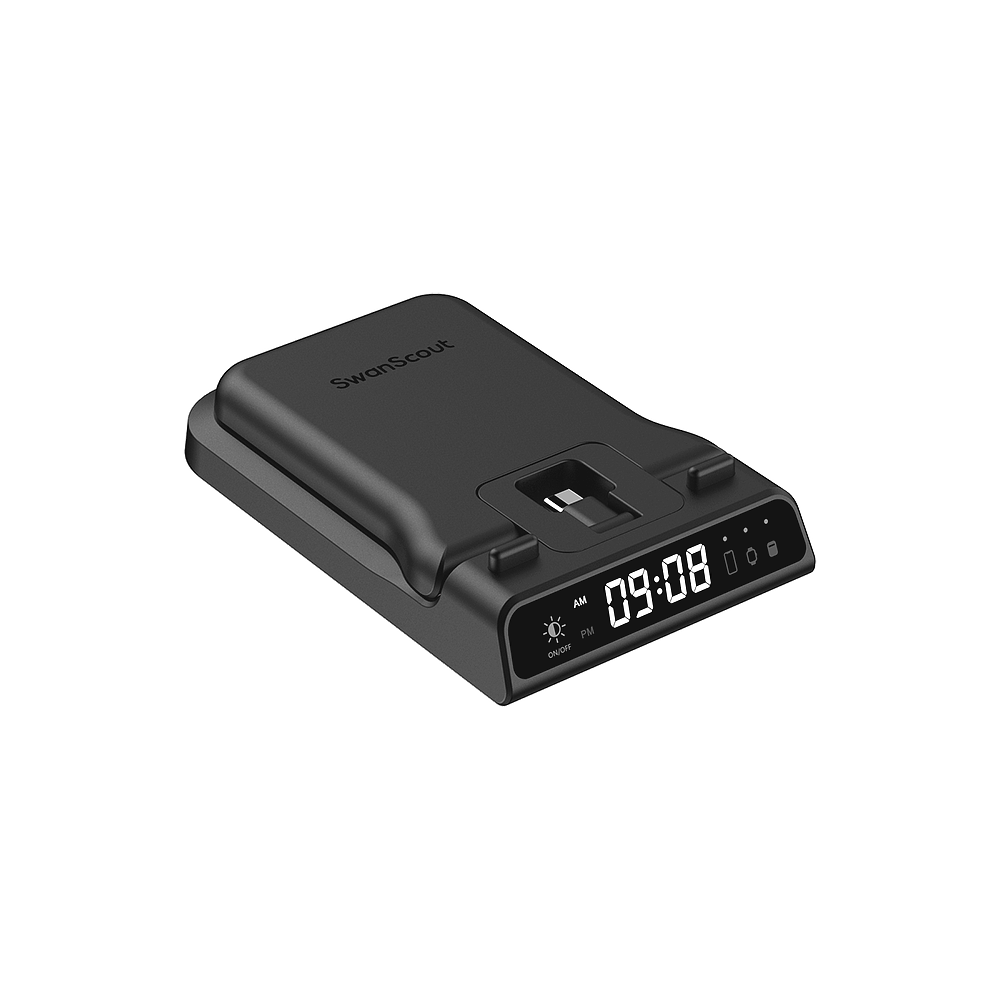 SwanScout 701G wired fast charger for Pixel Watch 1, showing the compact charger with clock display and MI5 port.