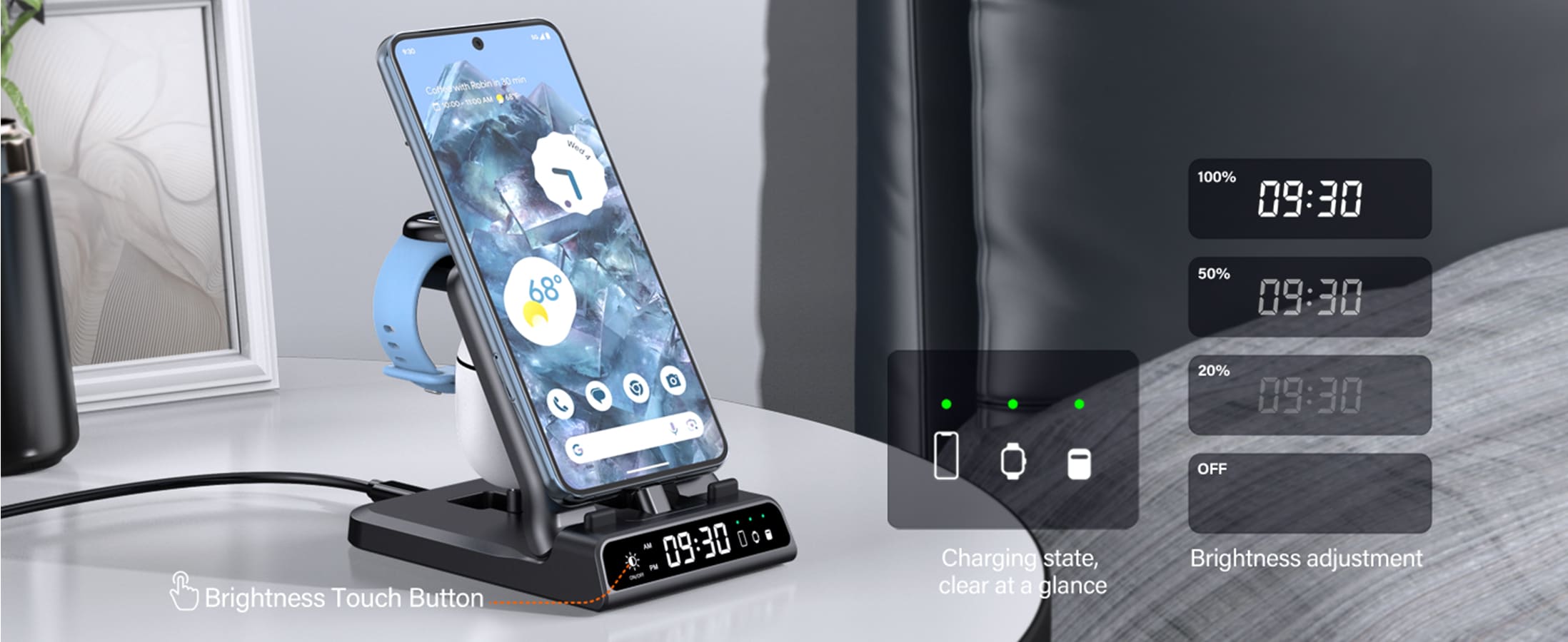 Adjustable clock brightness and charging indicators for convenient device status monitoring on the SwanScout 701G2