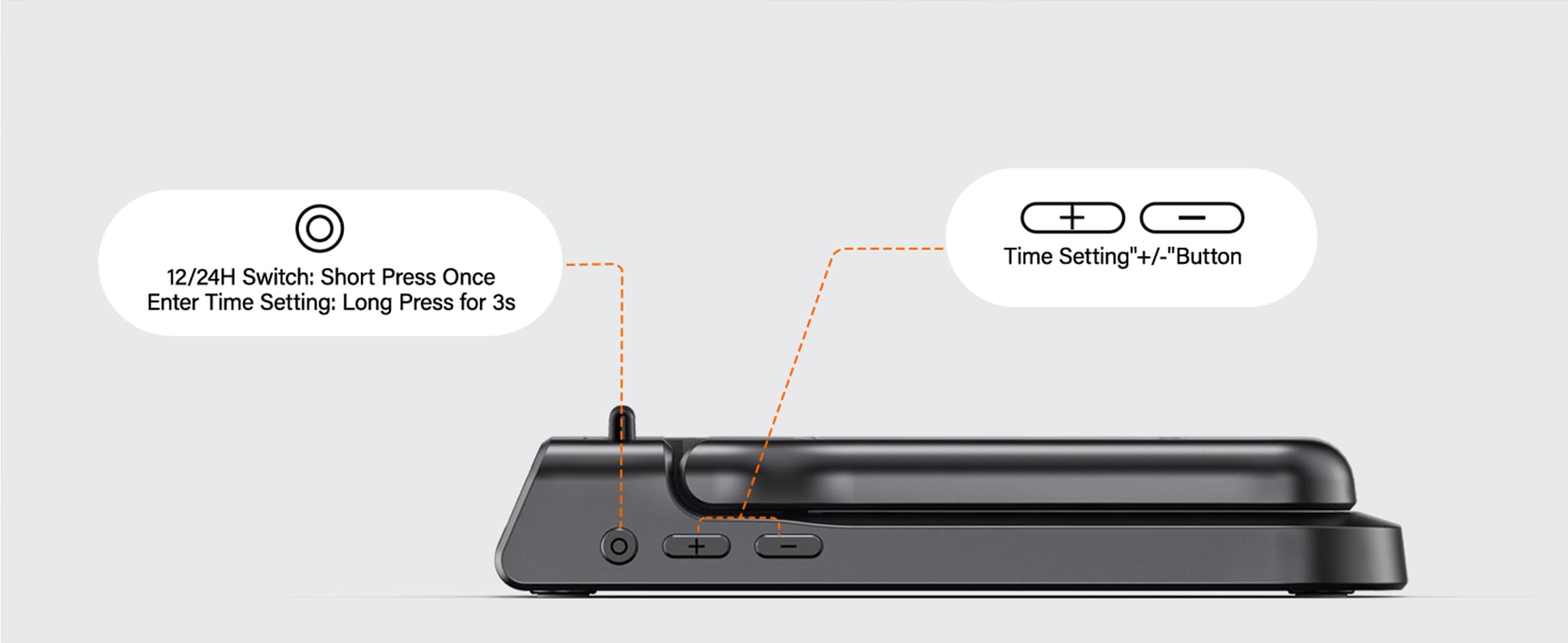 Easy clock time adjustment with side controls on the SwanScout 701G2 3-in-1 charging station