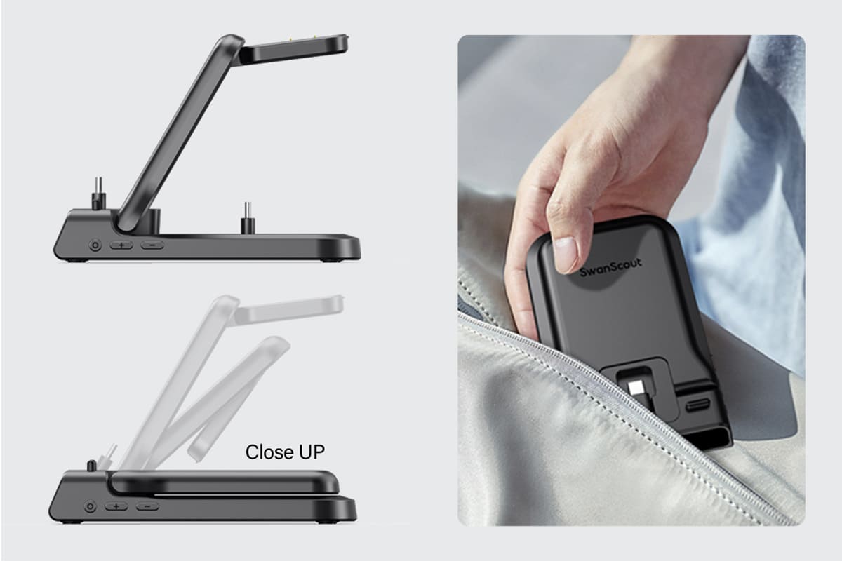 Foldable compact charging station that fits easily into a bag for convenient travel with the SwanScout 701G2