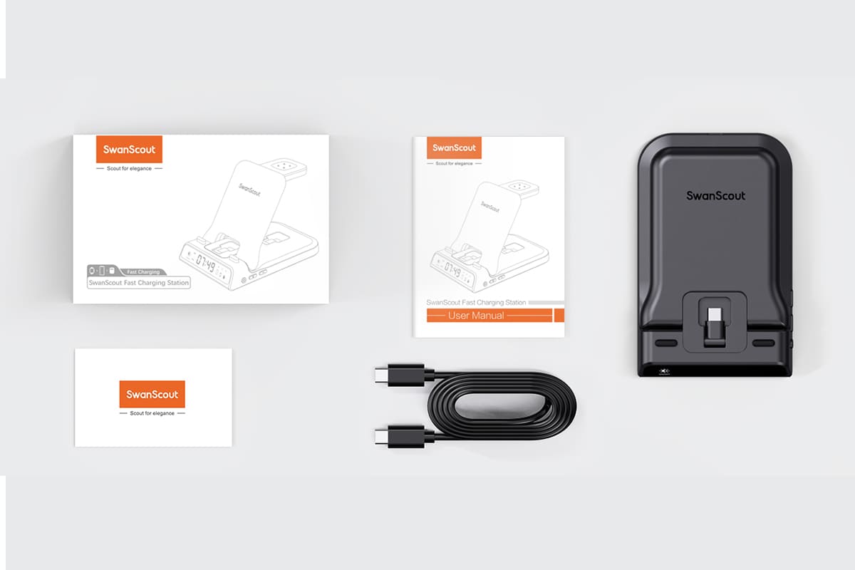 Package contents and included accessories for the SwanScout 701G2 3-in-1 charging station