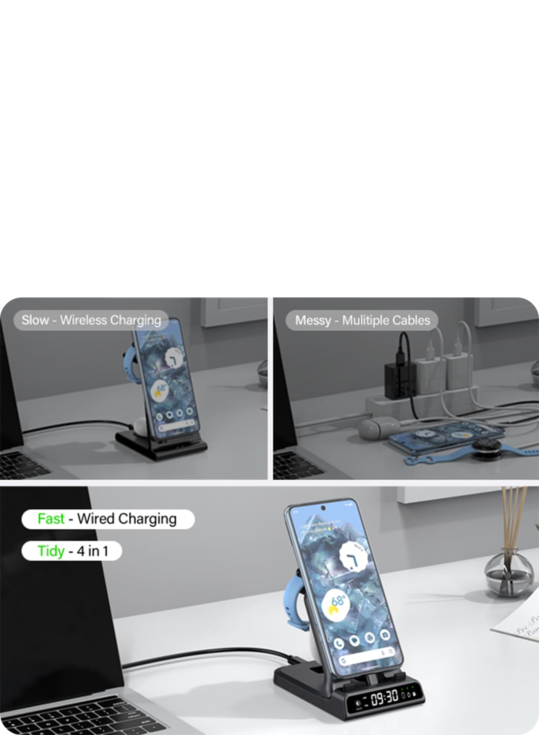Fast 3-in-1 charging keeps devices powered while reducing cable clutter with the SwanScout 701G2