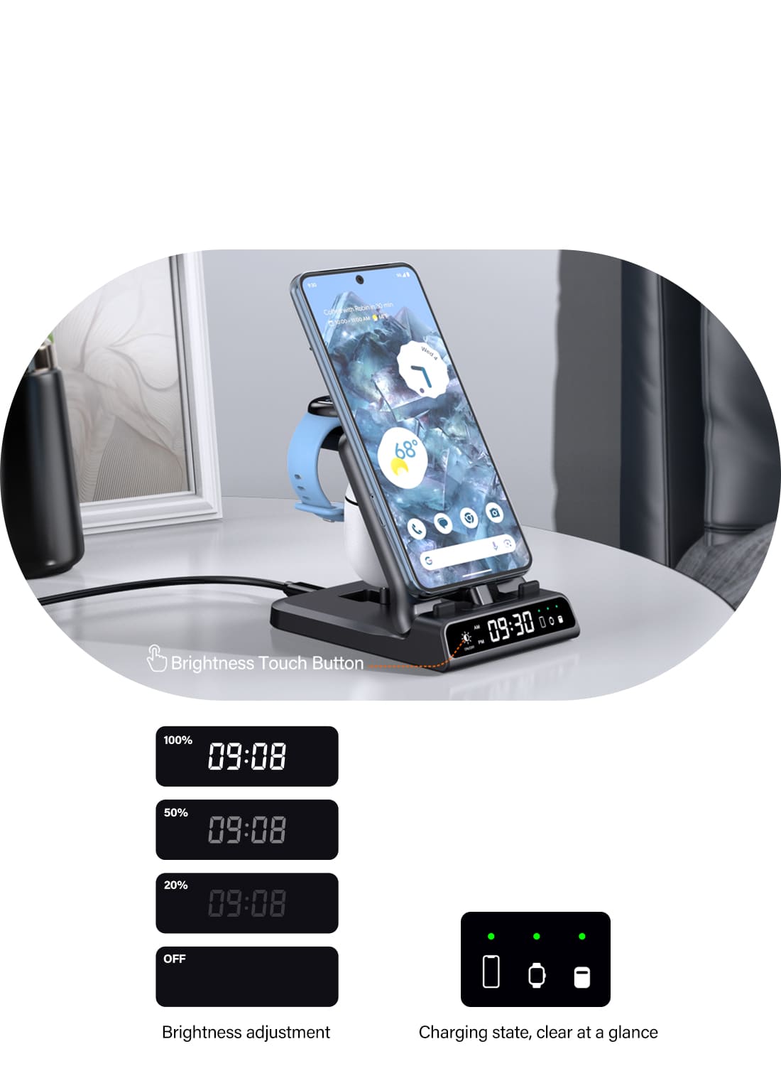 Adjustable clock brightness and charging indicators for convenient device status monitoring on the SwanScout 701G2