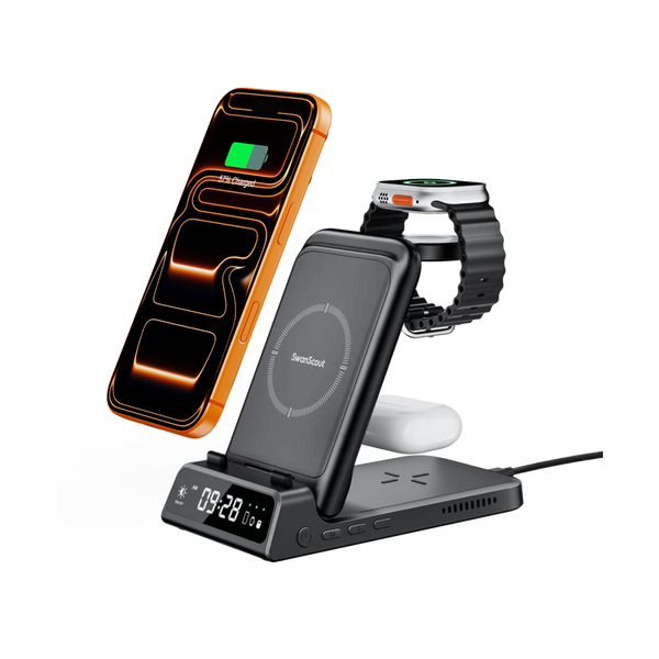 SwanScout 703A wireless station charging iPhone, Apple Watch, and AirPods simultaneously, featuring a built-in digital clock and a dedicated phone charging control button