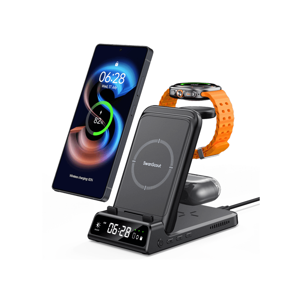 SwanScout 703S gray wireless station charging Samsung Galaxy S25 Ultra, Galaxy Watch, and Buds simultaneously with an integrated digital clock