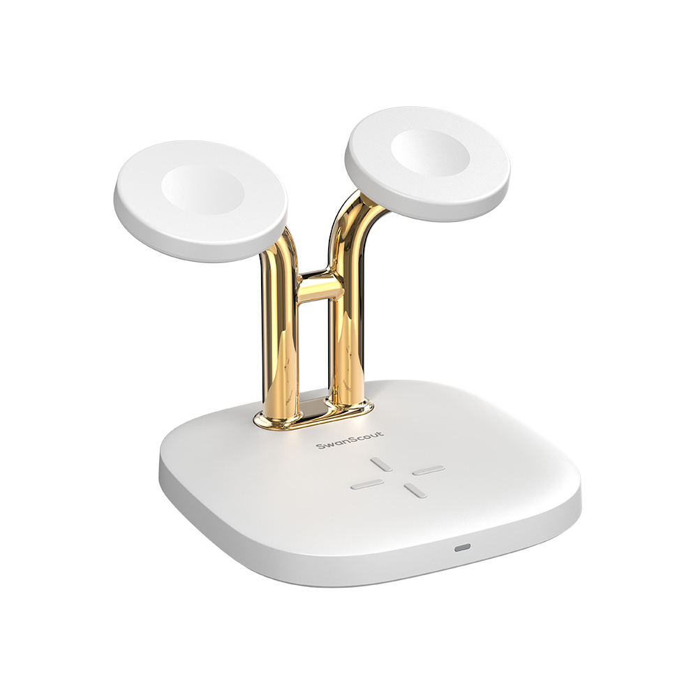 SwanScout 704A dual wireless charger for Apple Watch in white gold, with sleek stand and charging pads for Apple devices
