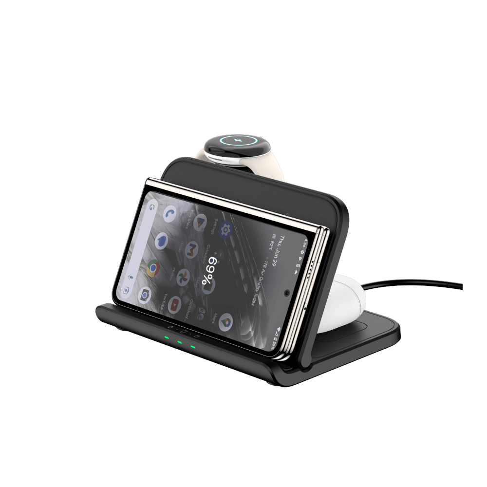 SwanScout 705G 3-in-1 wireless charger for Google Pixel Fold, shown in horizontal view with sleek design and multiple charging coils.