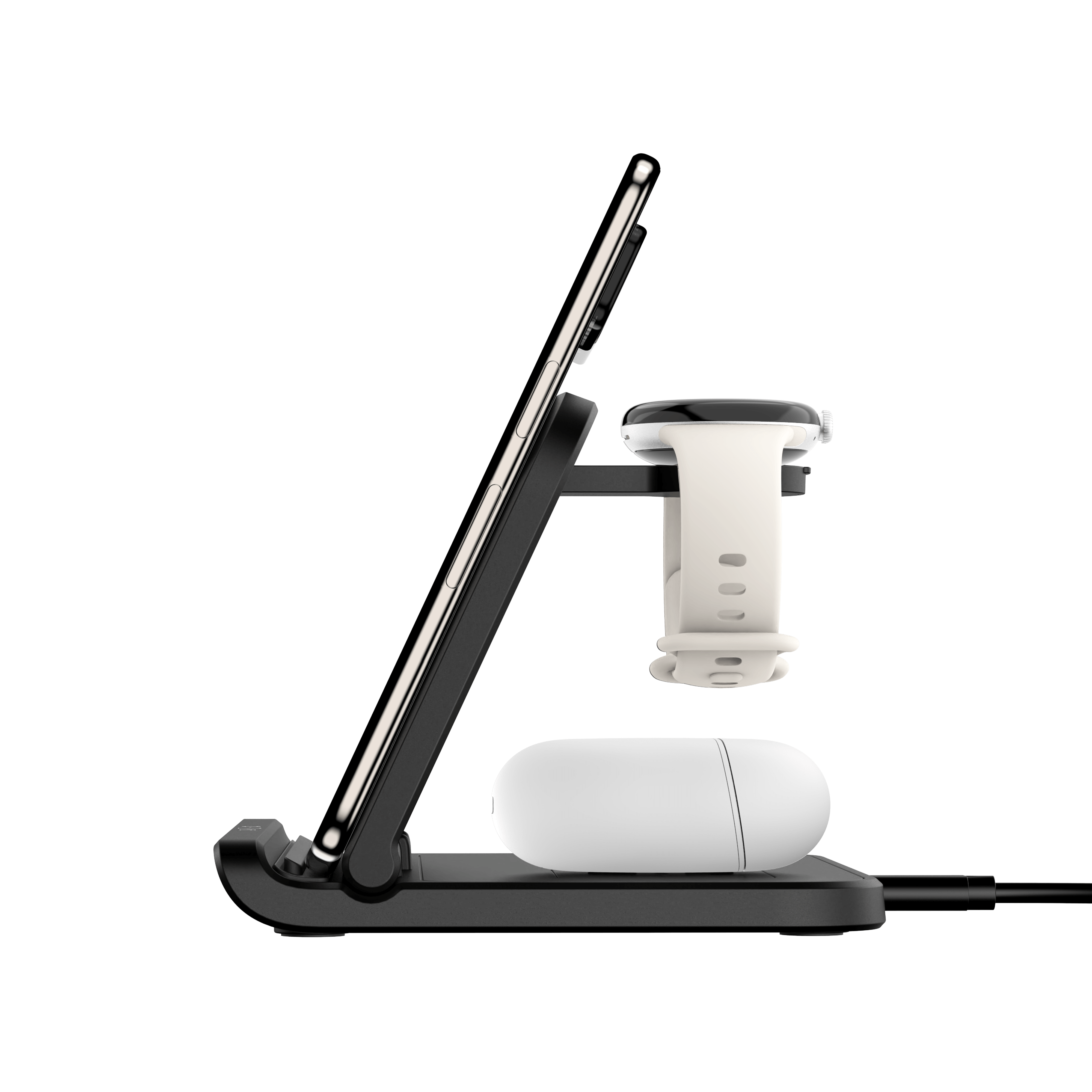 SwanScout 705G 3-in-1 wireless charger for Google Pixel Fold, shown in vertical side view on a charging stand.
