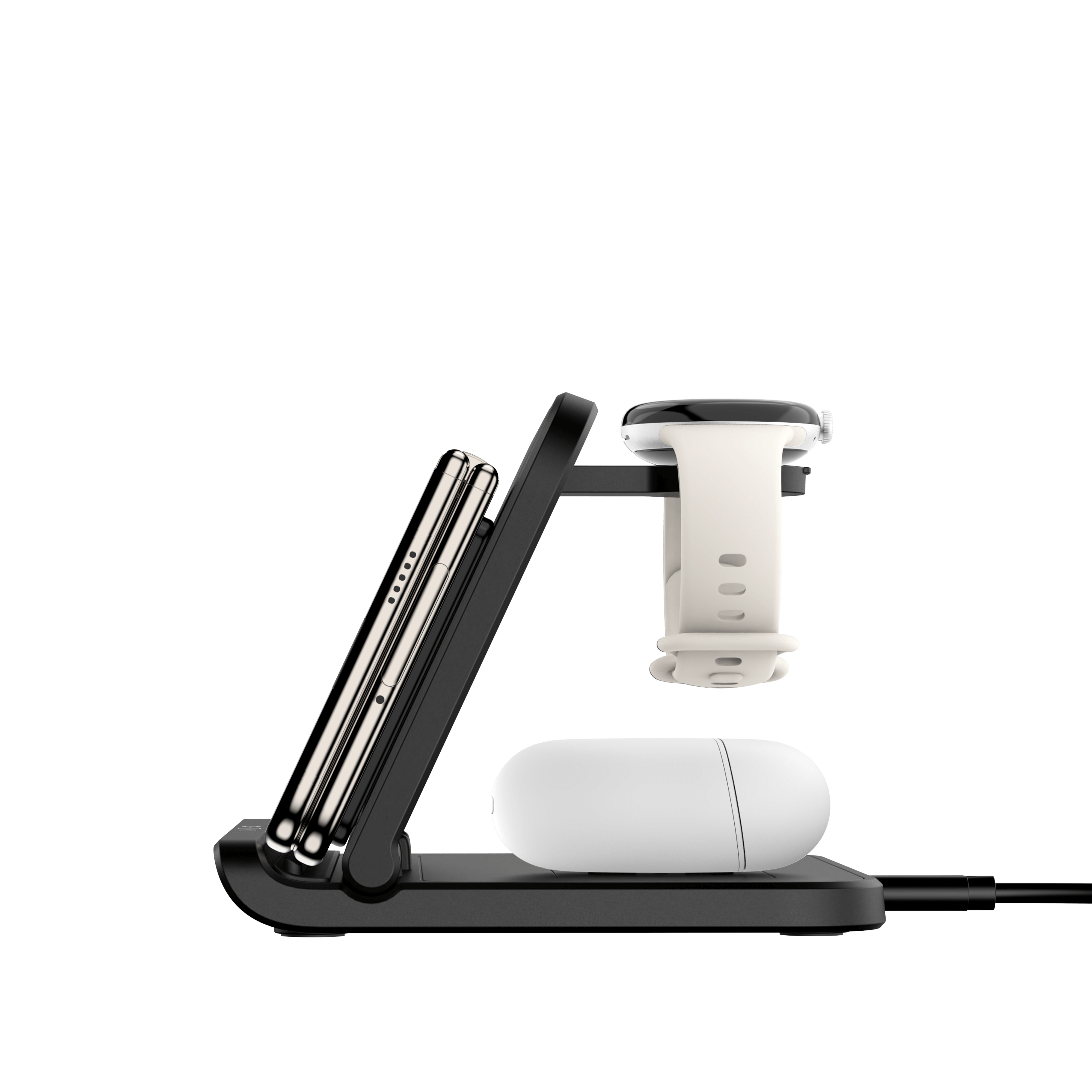 SwanScout 705G 3-in-1 wireless charger for Google Pixel Fold, foldable charging dock with horizontal profile and multiple device ports.