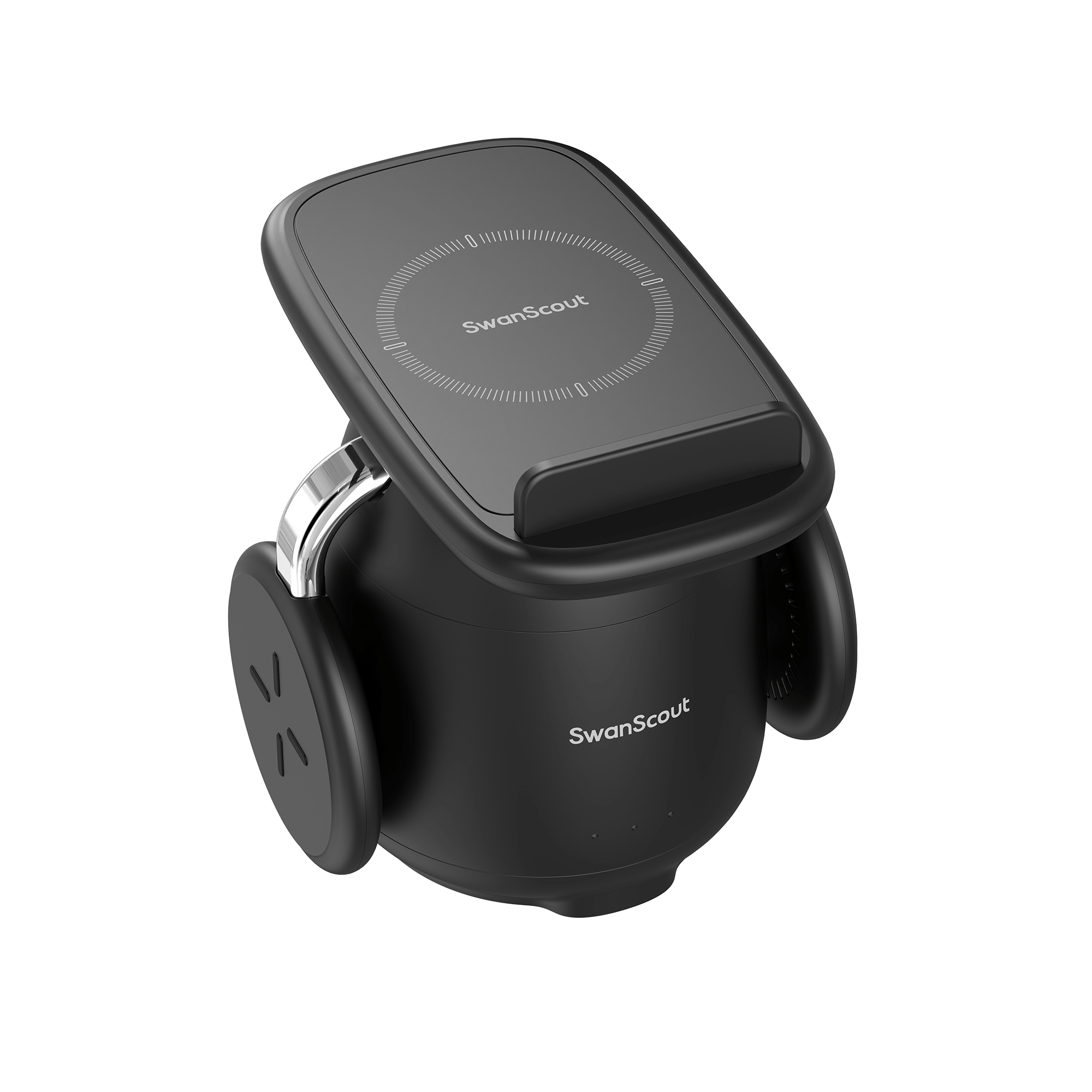 SwanScout 707S wireless charging station for Samsung, black adjustable-angle stand with sleek design for easy device charging.