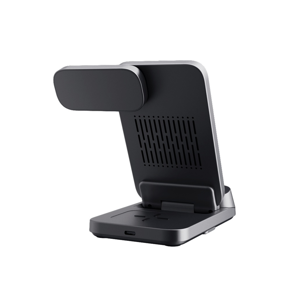 SwanScout 708M 3-in-1 magnetic wireless charger with foldable design, Apple Watch dock and clock display in a sleek setup.