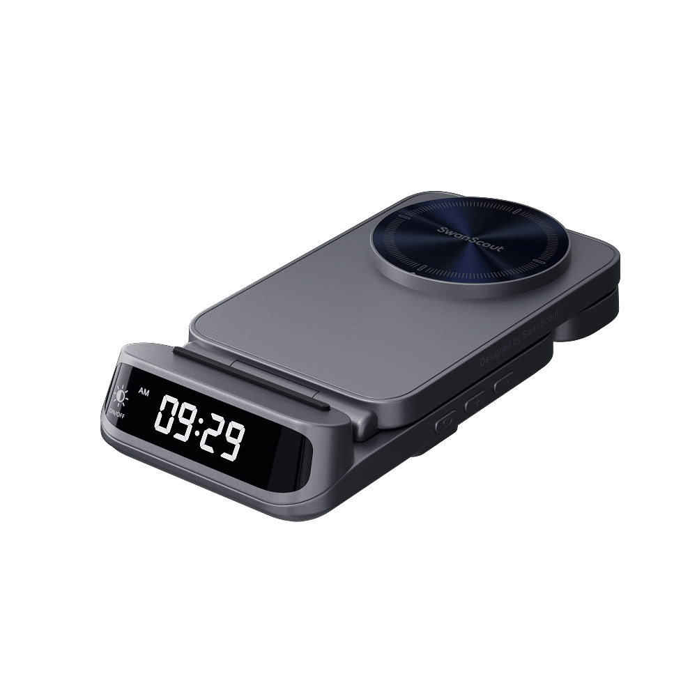 SwanScout 708M 3-in-1 magnetic wireless charger for Apple devices with built-in clock, shown in compact foldable design.