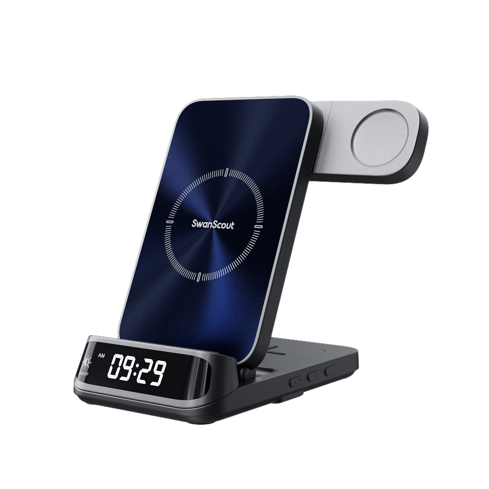 SwanScout 708S 3-in-1 wireless charger for Samsung with curved 3D LED clock display and textured UV finish.
