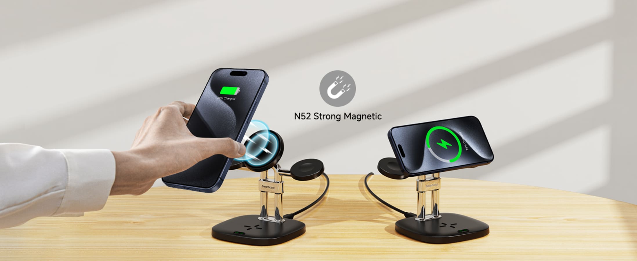 Magnetic phone charger with strong magnetic hold for portrait and landscape charging on the SwanScout 709M