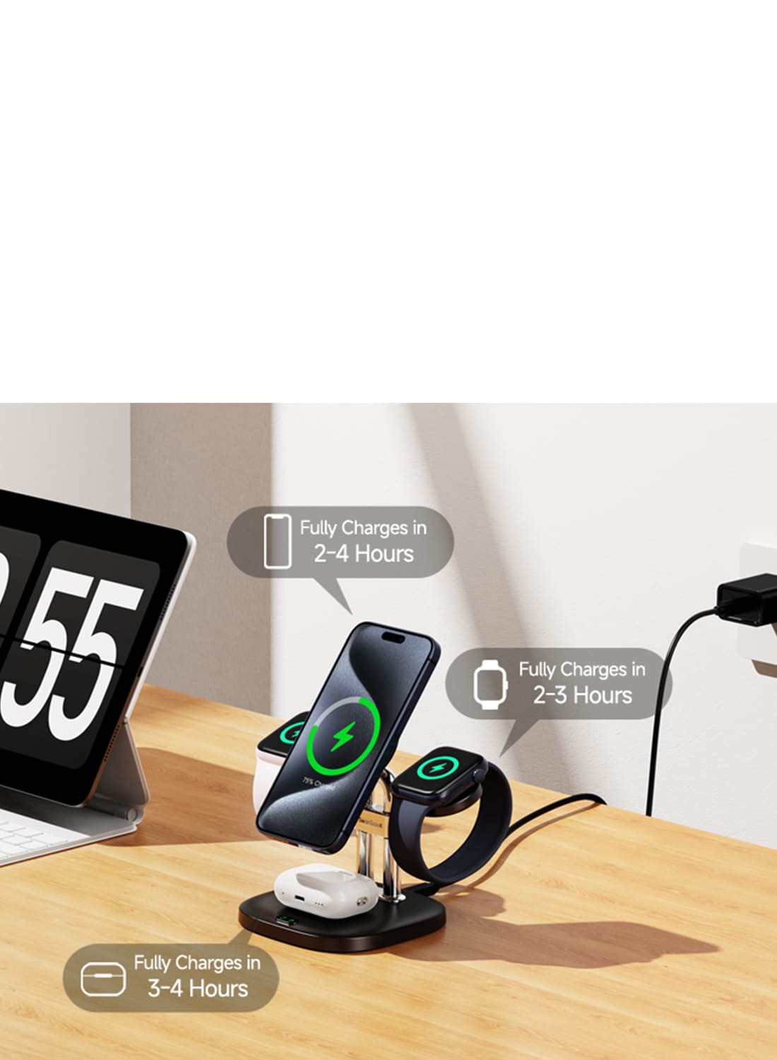 Charging time comparison for iPhone Apple Watch and AirPods on the SwanScout 709M charging station