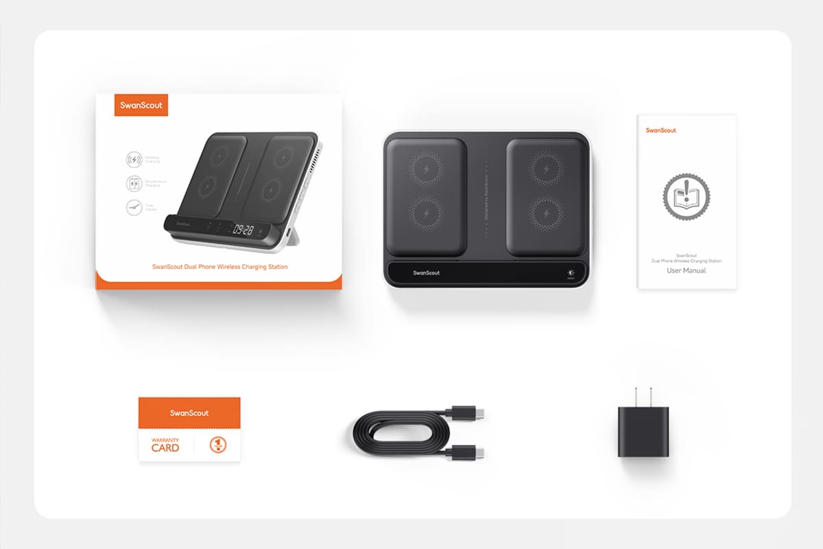 Package contents including wireless charger charging cable power adapter user manual and warranty card SwanScout 710A