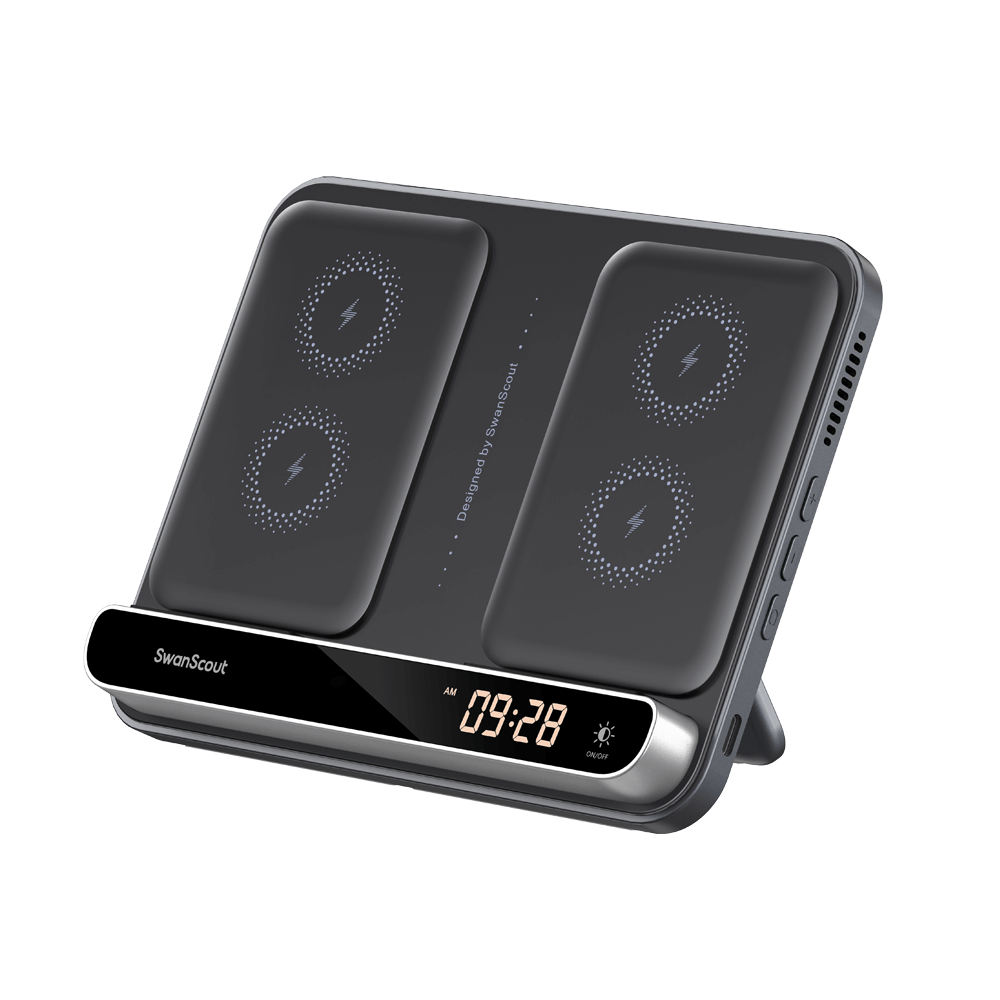 SwanScout 710A dual phone and single Apple Watch wireless charger with alignment guides on a clean surface.
