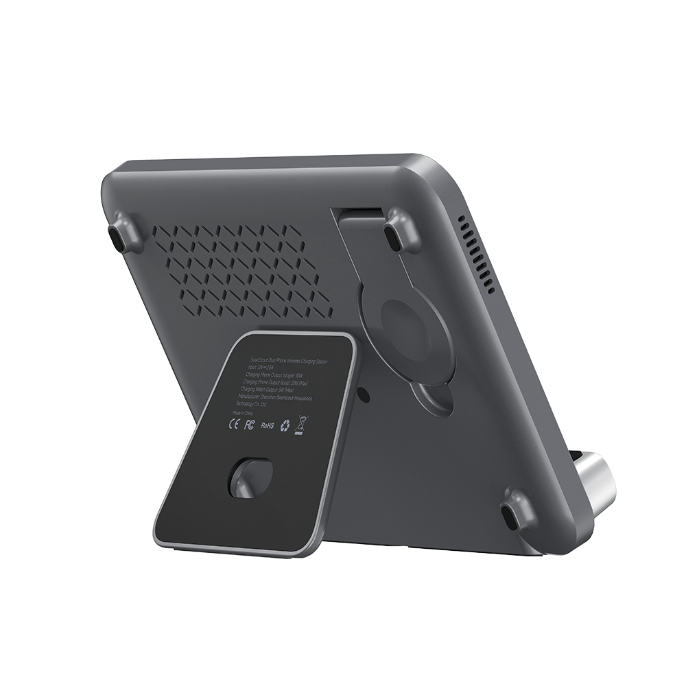 SwanScout 710A dual phone and Apple Watch wireless charger, foldable travel charger for Apple Watch Series 10 and iPhones.