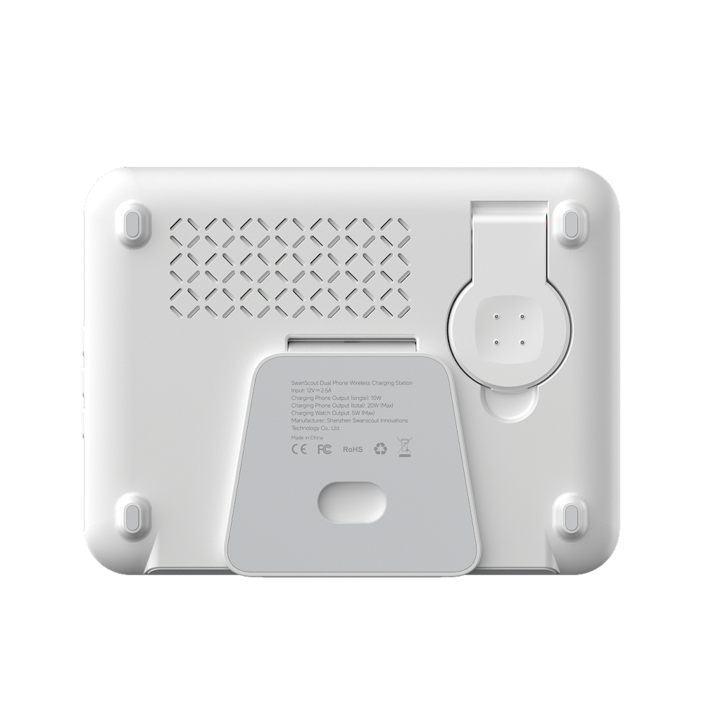 SwanScout 710G2 dual phone and single watch wireless charger station in black and white for Google devices.