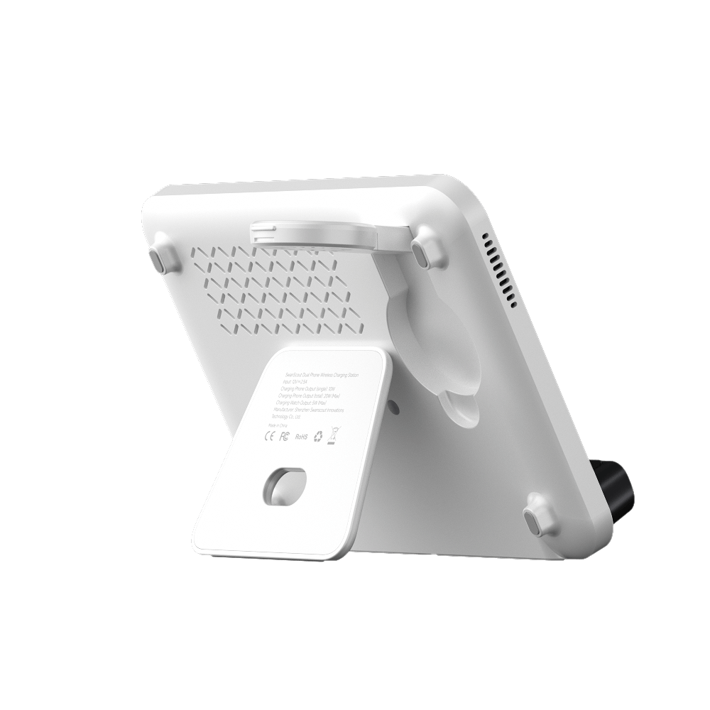 SwanScout 710S dual phone and single watch wireless charger for Samsung, foldable travel design with earbuds coil.