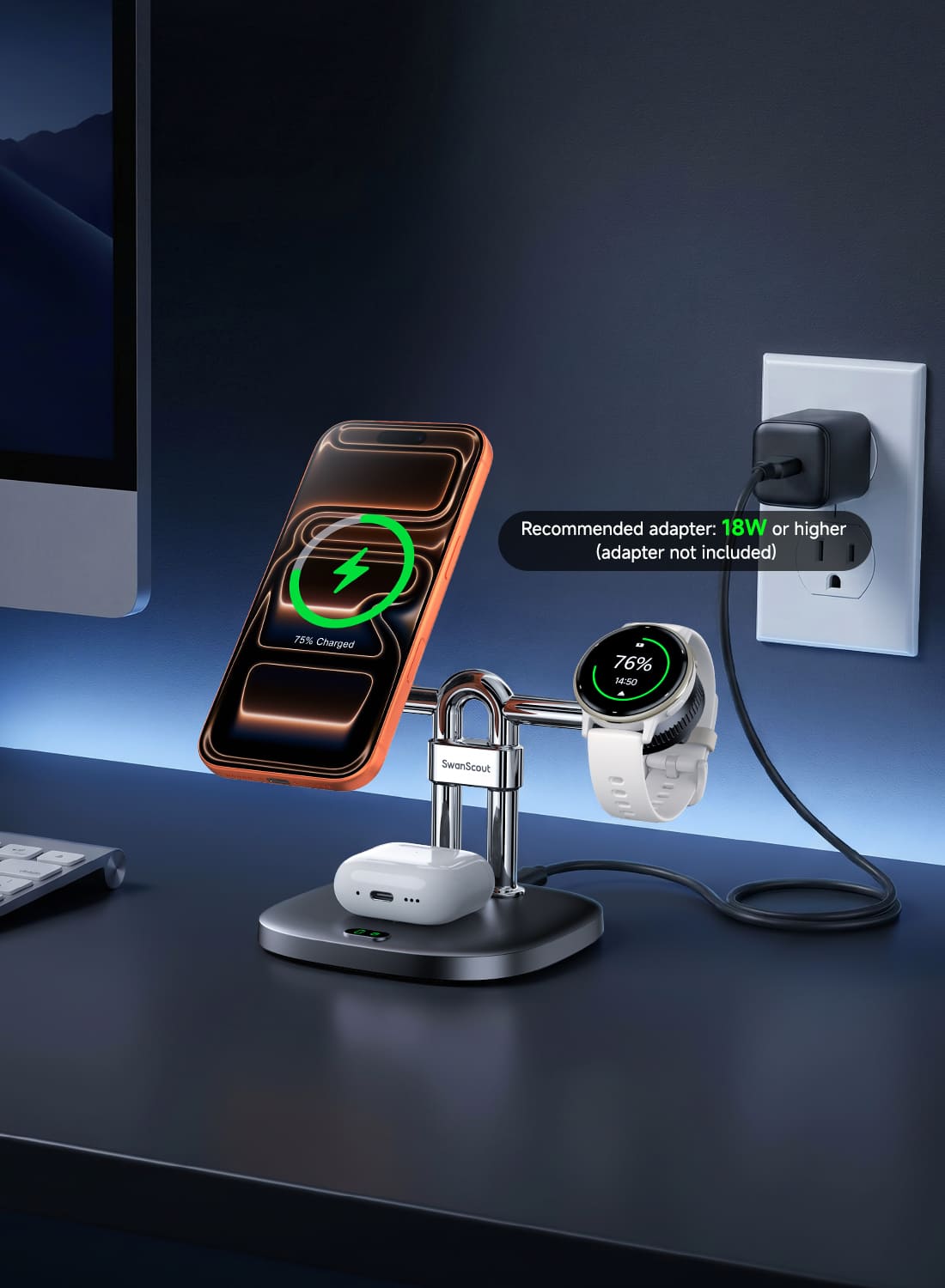 SwanScout 712GM 3-in-1 magnetic stand charging iPhone Garmin watch and AirPods on desk