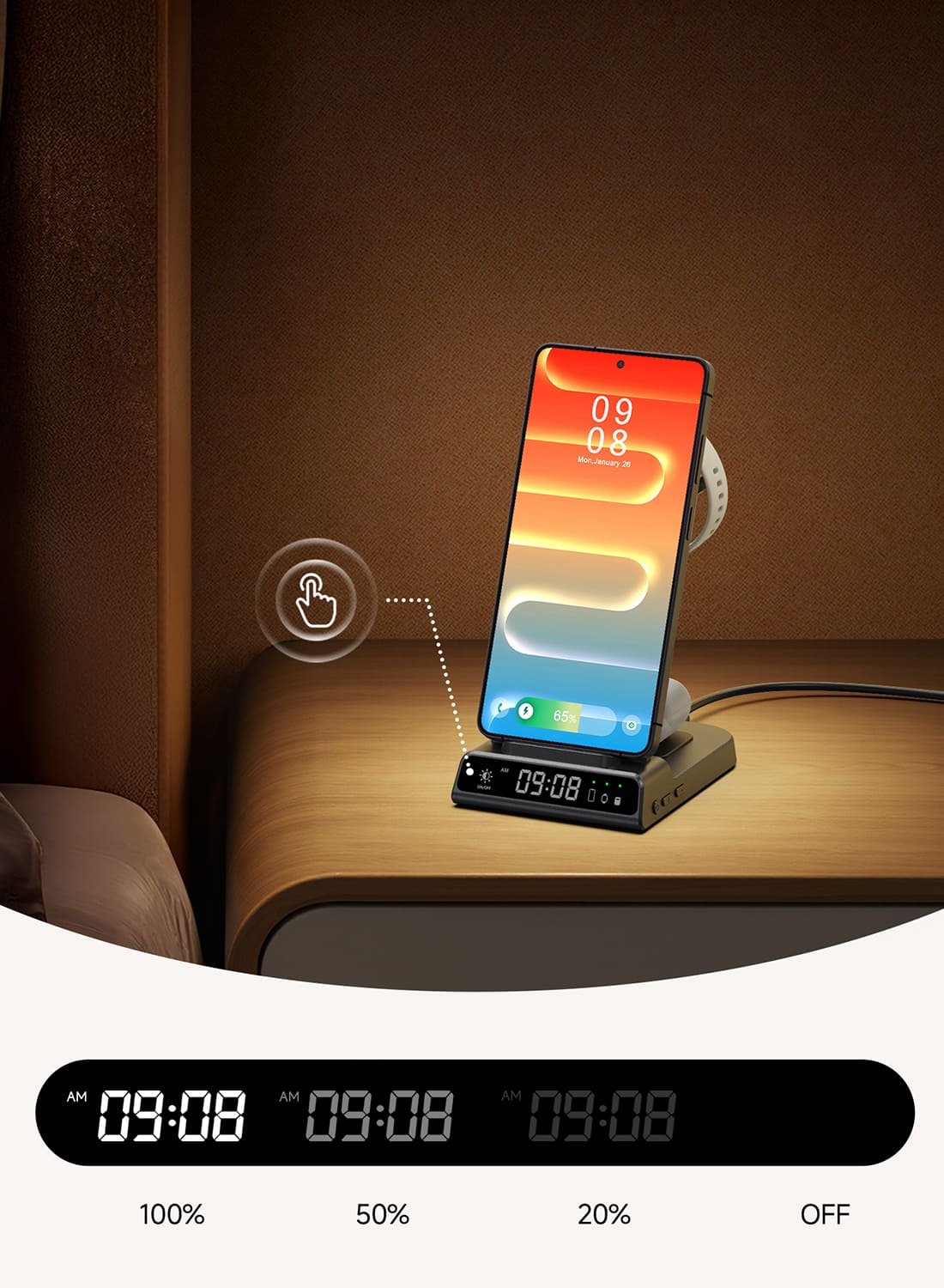Garmin watch charger with LED clock and adjustable brightness on a nightstand SwanScout C01GM