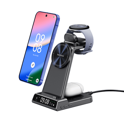 SwanScout C02MG4 dock charging a Pixel phone, Pixel Watch and earbuds at the same time