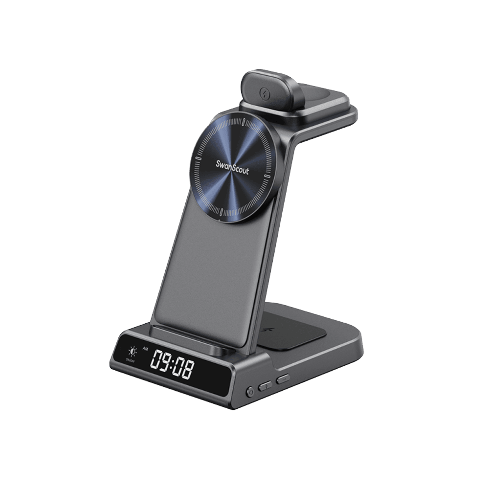 SwanScout C02MG4 dock with a round magnetic charging pad and built-in digital clock