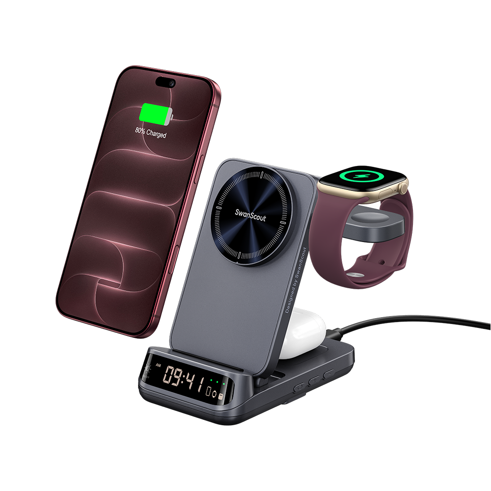 25W wireless charging station powering iPhone 18 Pro earbuds and watch with SwanScout S10025M