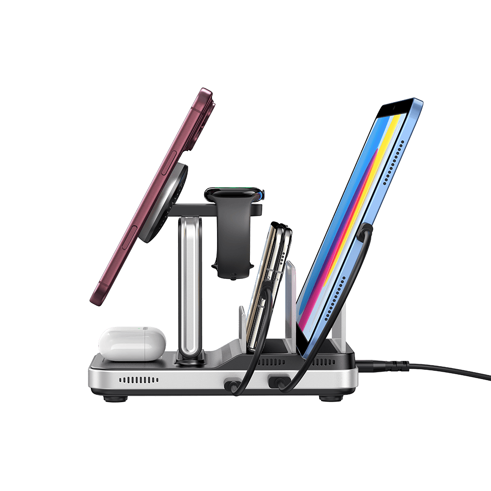 5-in-1 Apple charging station powering iPhone 18 Pro iPhone Duo earbuds watch and tablet with SwanScout S10030M