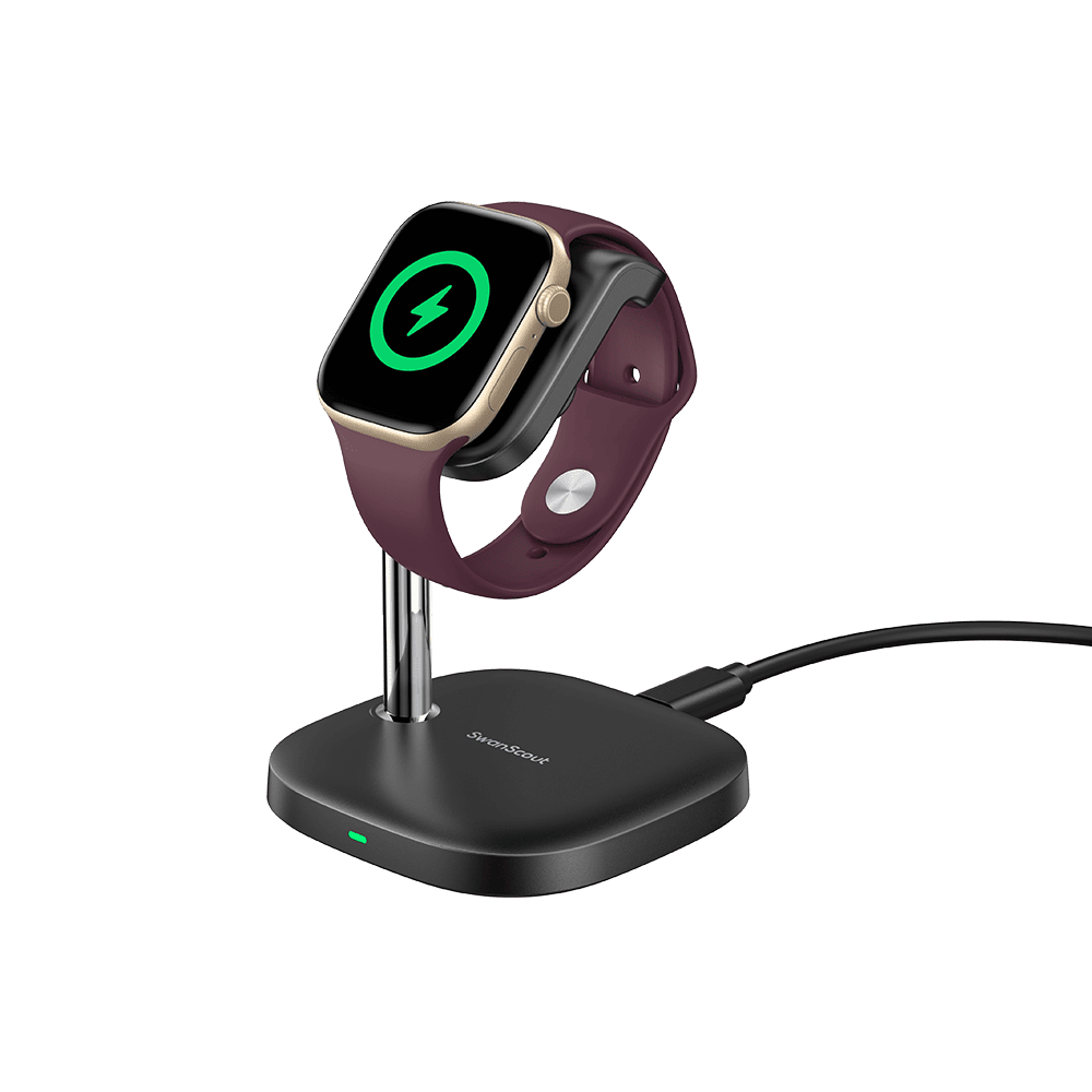 Vertical wireless charger powering smartwatch with SwanScout S10034A